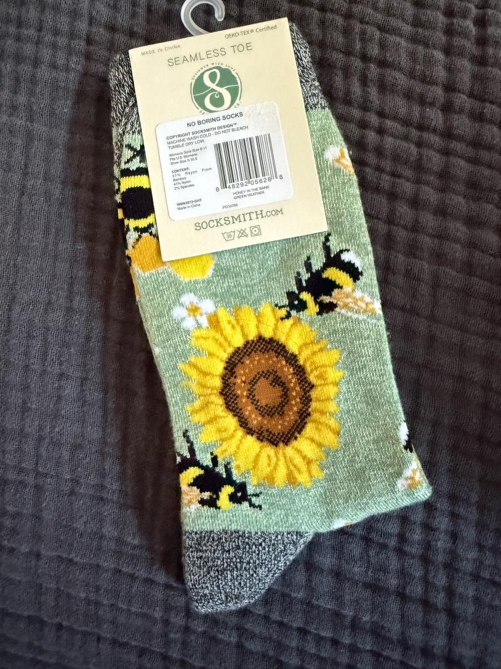 Graphic Bamboo Crew Socks - Sage with Sunflower & Bee - Picture 2 of 2